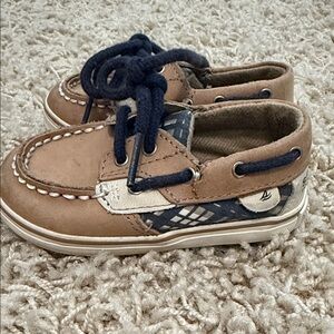Sperry Tan and Navy Kids Moccasins